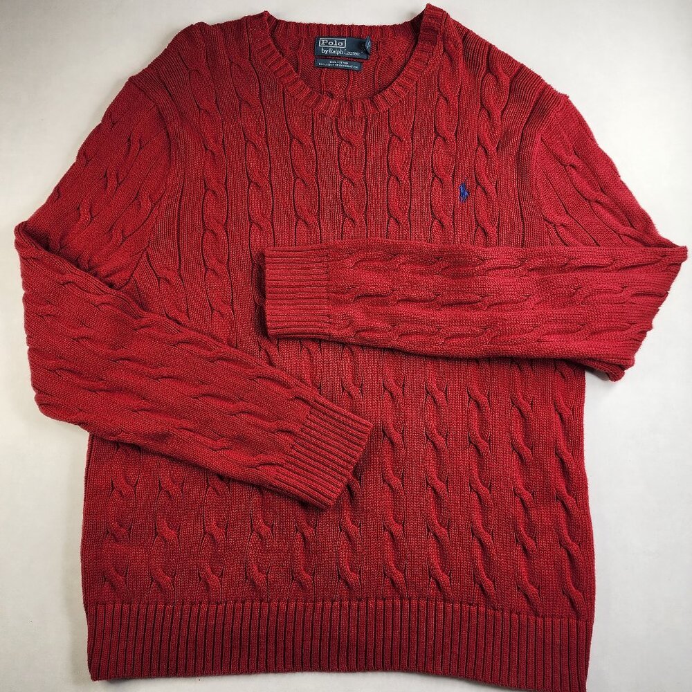 Polo by Ralph Lauren Wool Cashmere Crew Neck Cable Knit Logo Sweater in Red XXL
